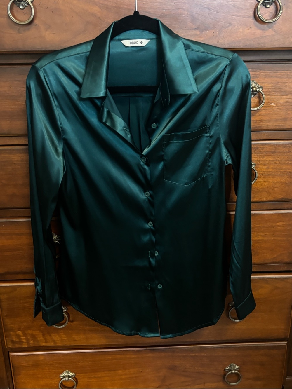 Emerald Green Satin Button-Up Blouse